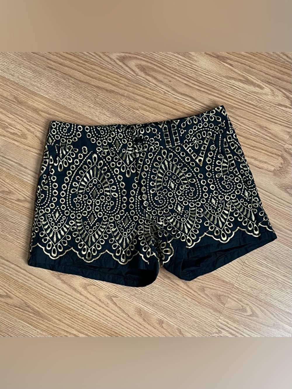 Kasia Black Shorts with Gold Embroidered Lace Detail
